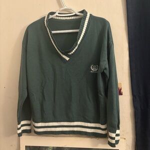 Green V-Neck Sweater with White Stripes